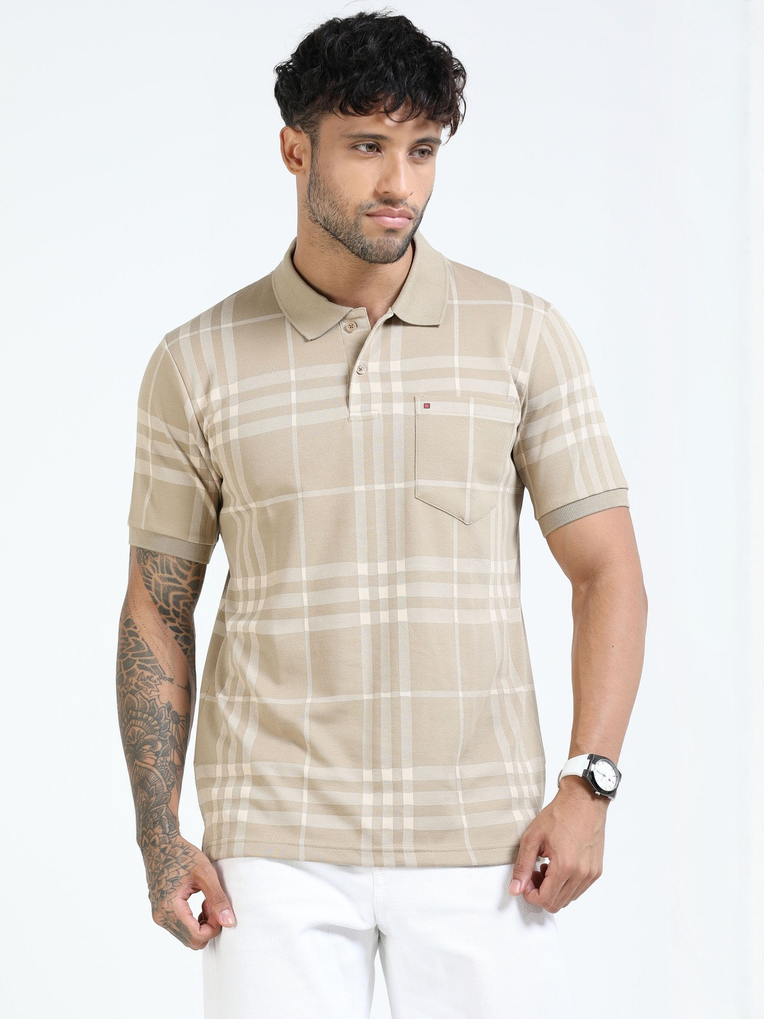 COOL COLORS Men Cream Slim Fit Checks Polo T-Shirt