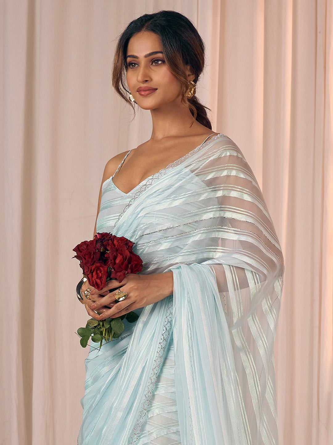 Anouk Women Light Blue Striped Georgette Ethnic Embellished Saree with Matching Blouse