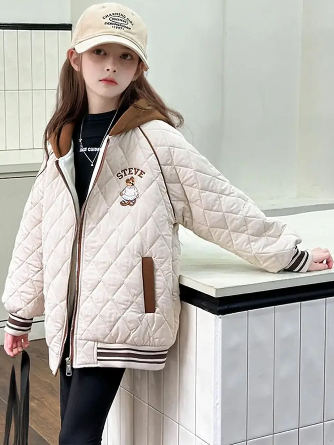 Girls Apricot Quilted Hooded Zipper jacket