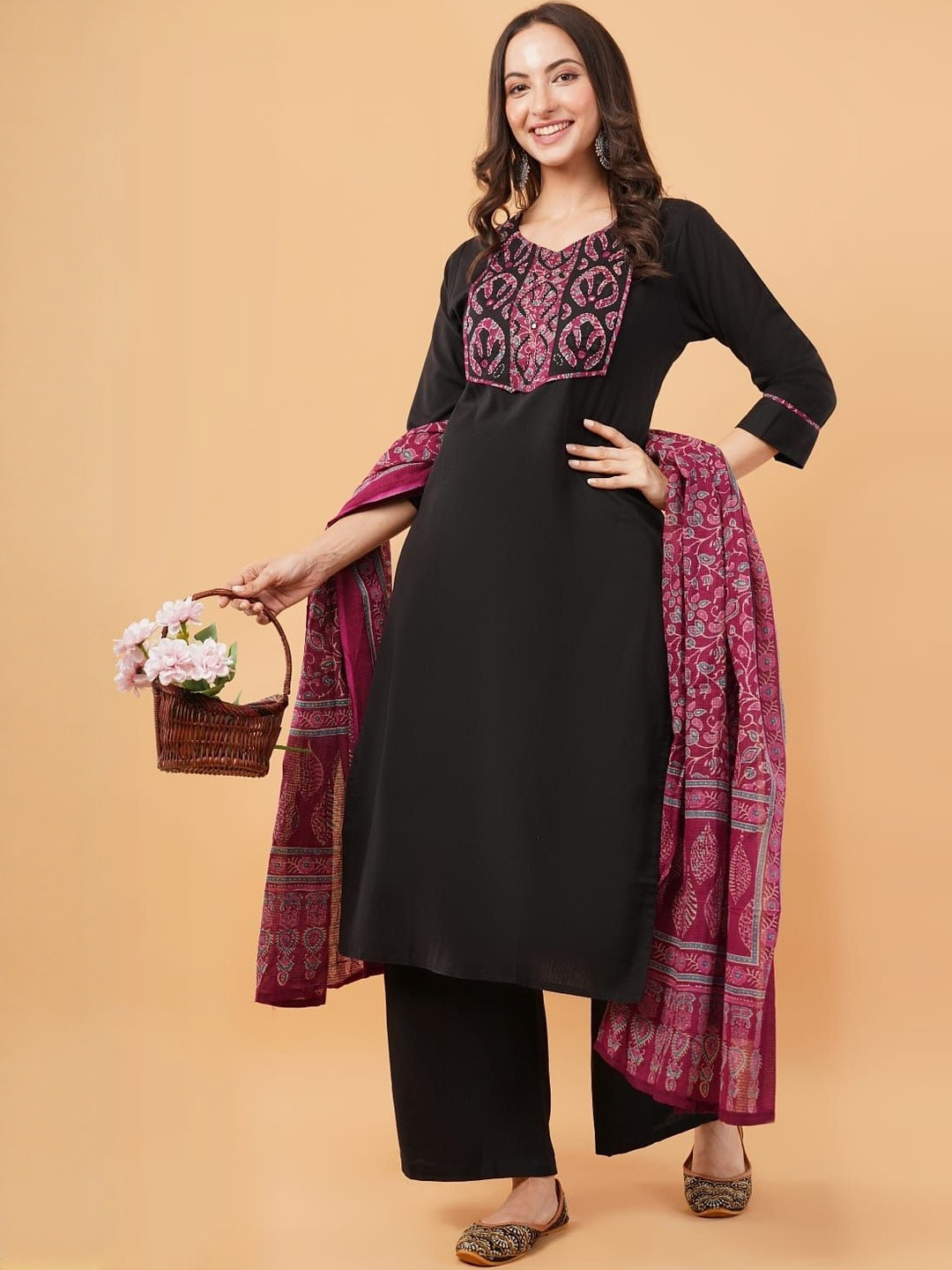 Purpple Infinity Women Ethnic Motifs Yoke Design Regular Pure Cotton Kurta with Palazzos & With Dupatta