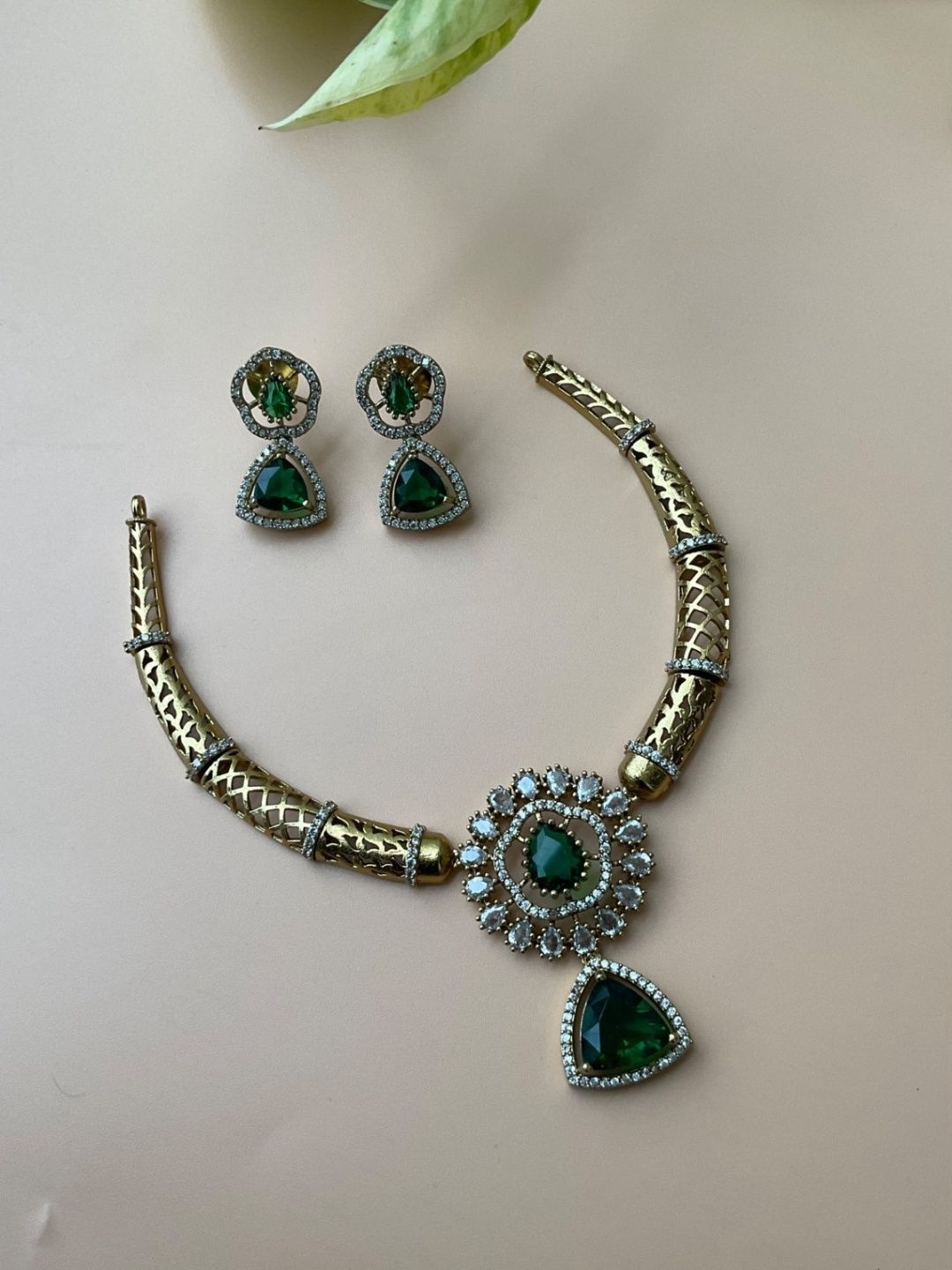 Ajrang Gold-Plated Cubic Zirconia Stones Studded Chocker Necklace With Earrings