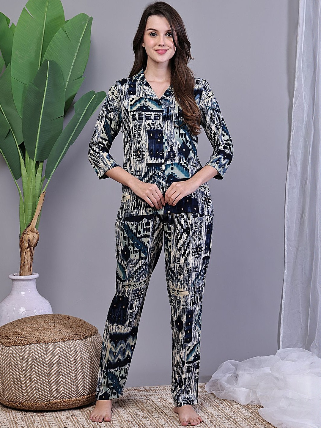 Boston Club Abstract Printed Cuban Collar Shirt And Pyjama Night suit