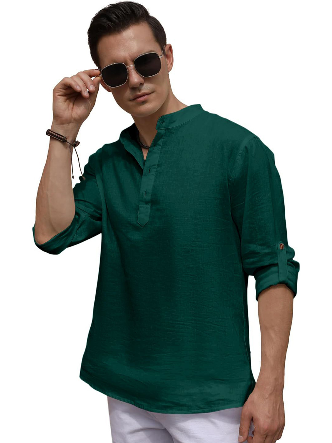 ZELINCO Mandarin Collar Roll-Up Sleeves Straight Short Kurta