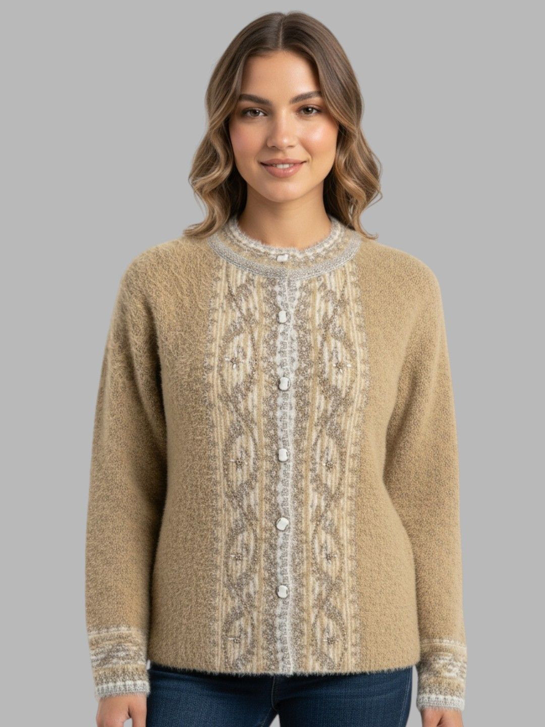 Gouri Women Self Design Knitted Woollen Cardigan Sweaters with Button Closure