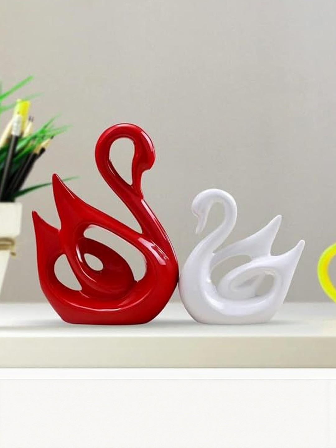 THE SACRED GIFTS Red & White 2 Pieces Lucky Swan Couple Showpieces