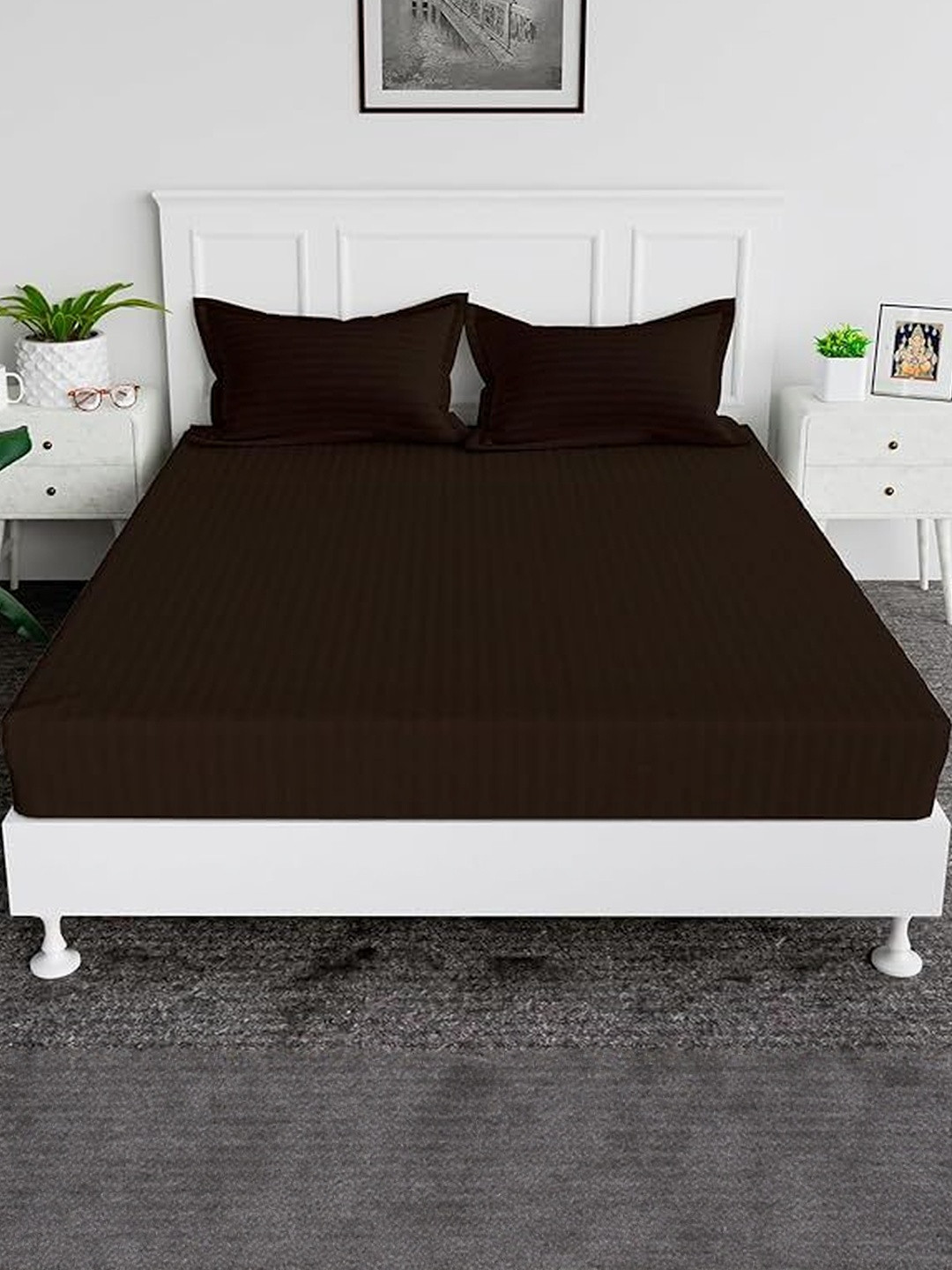 A Next Step Brown Striped Satin Easy Care 240 TC Double King Bedsheet 108 Inch x108 inch