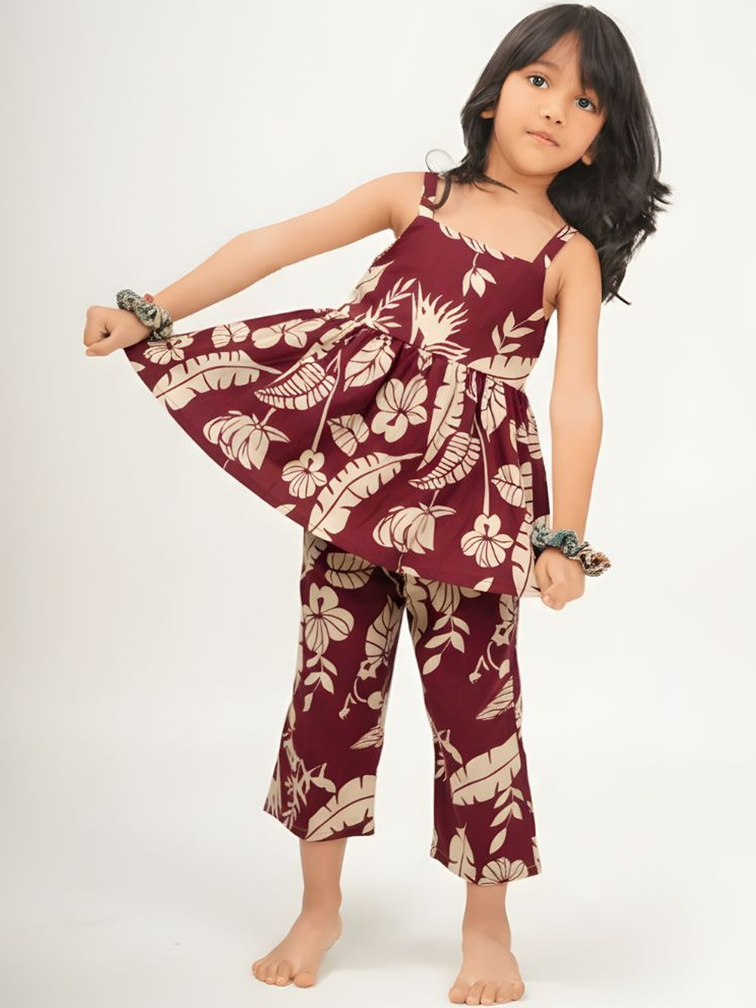 maroth hub Girls Floral Printed Shoulder Straps Top With Pyjamas