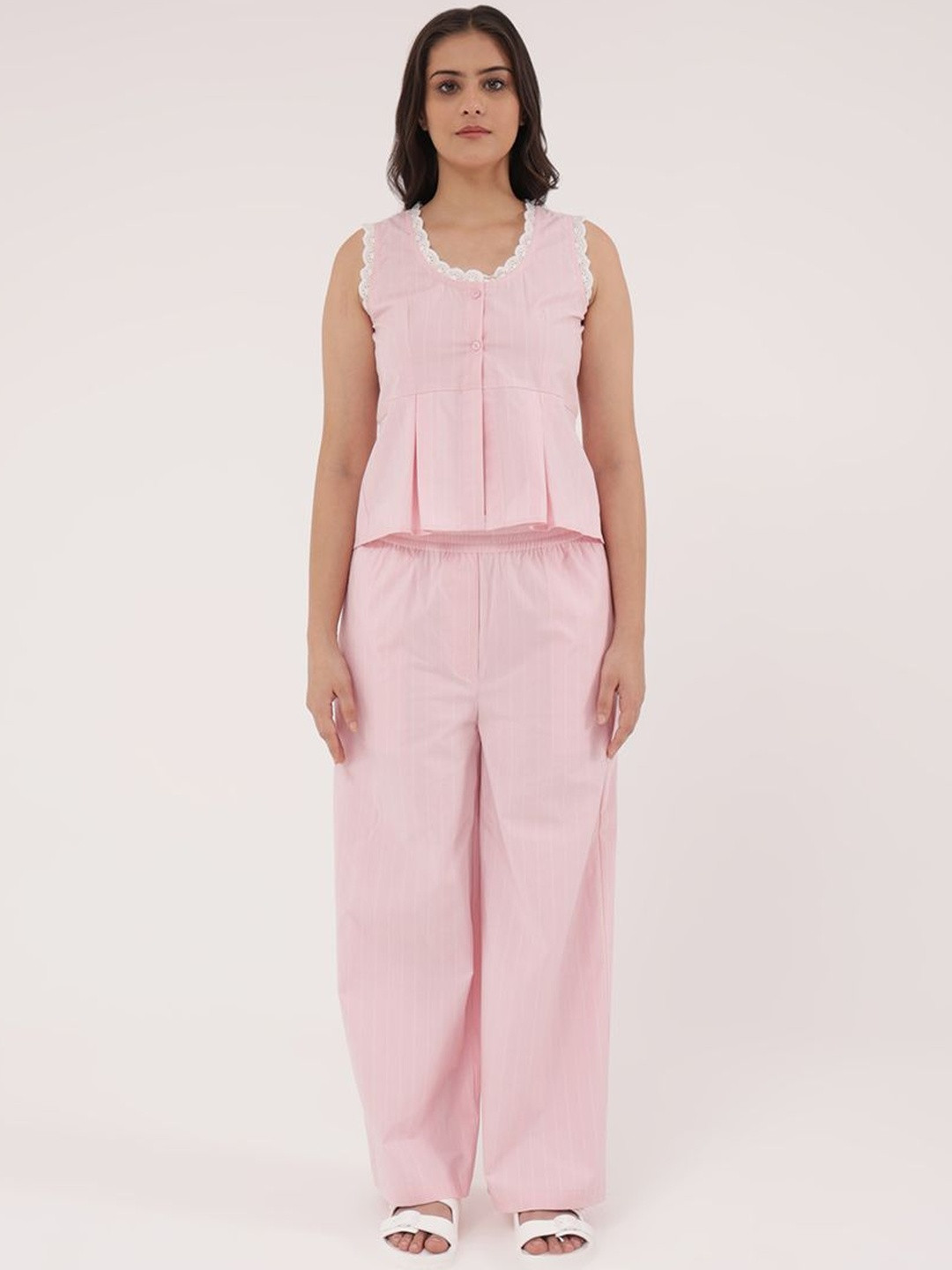 Slumber Jill Women Round Neck Lace Inserts Pleated Pure Cotton Peplum Pyjama Set