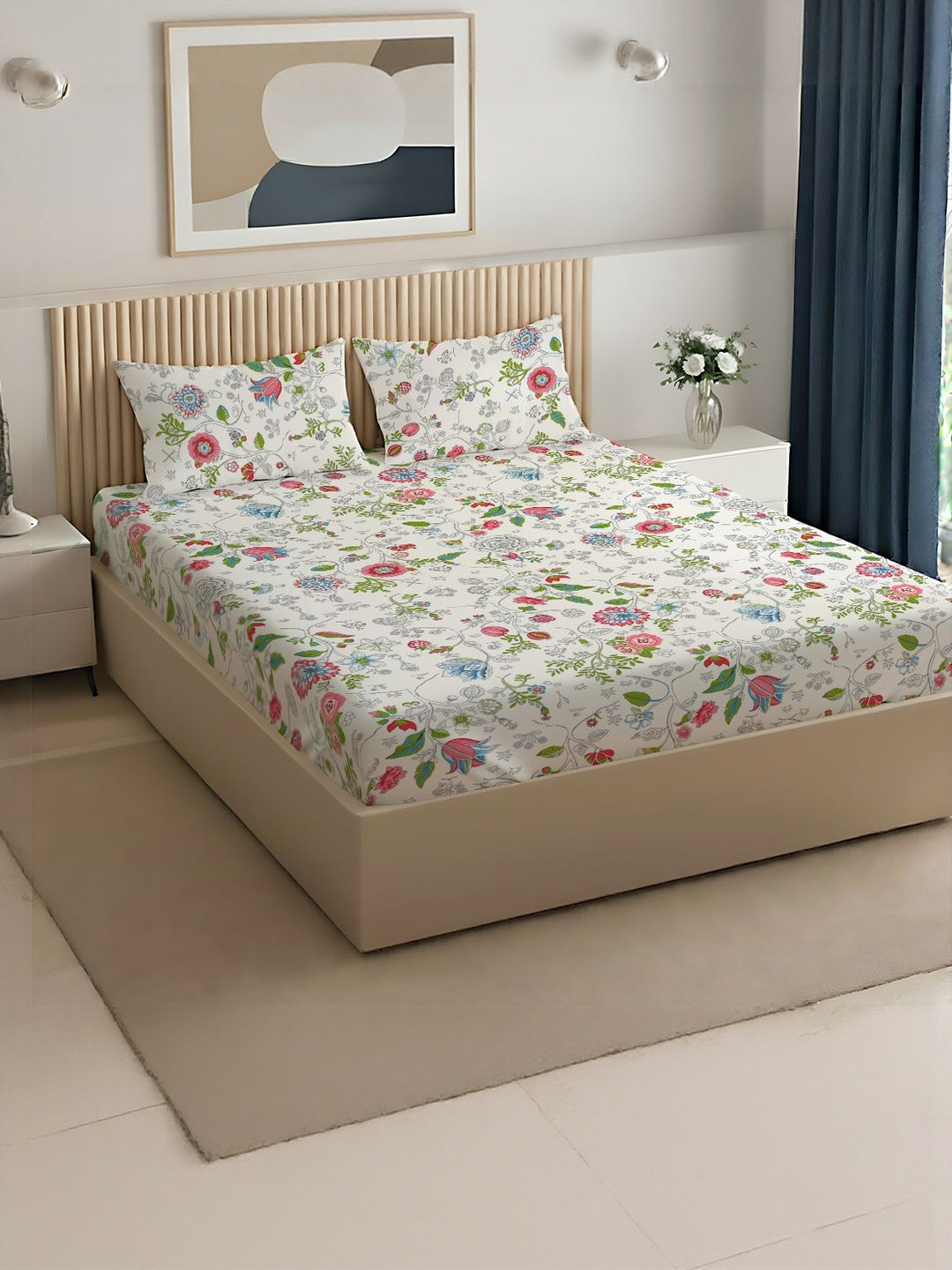 LIVSPACE Pure Nest Peach Colored Printed Cotton 144 TC Double Bedsheet Set 2.54 x 2.24 m