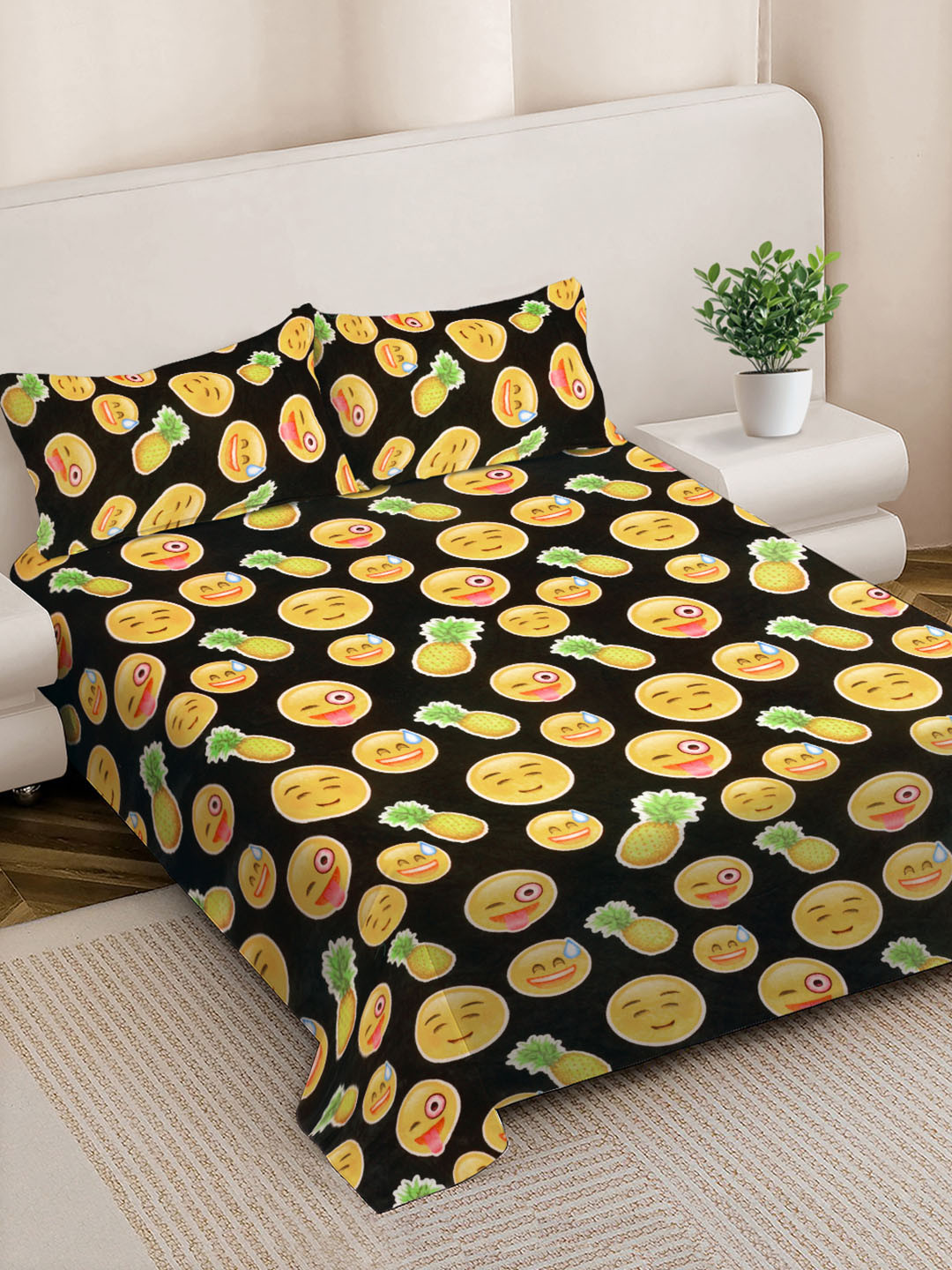 FABINALIV Black Cartoon Characters 300 TC King Bedsheet with 2 Pillow Covers 250X225 cm