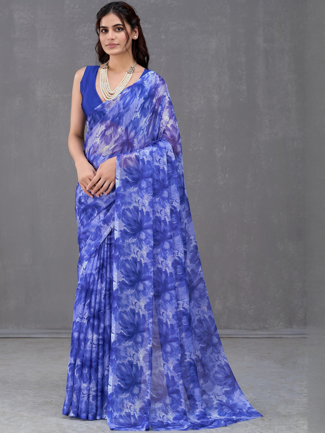 Garden Vareli Floral Printed No Border Pure Chiffon Saree