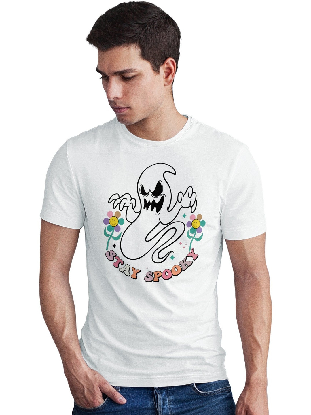 Seekbuylove Men Stay Spooky Ghost Printed Round Neck Bio Finish Cotton T-shirt