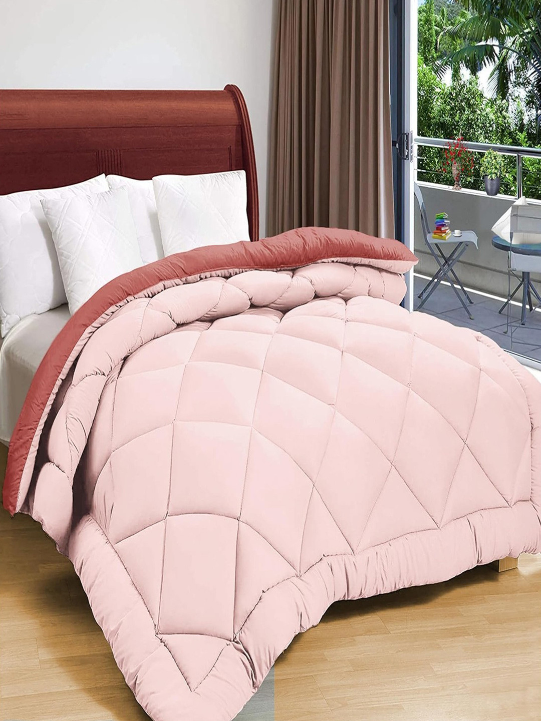 Status All Season Orange & Pink Microfiber 210 GSM Reversible Solid Double Bed Comforter