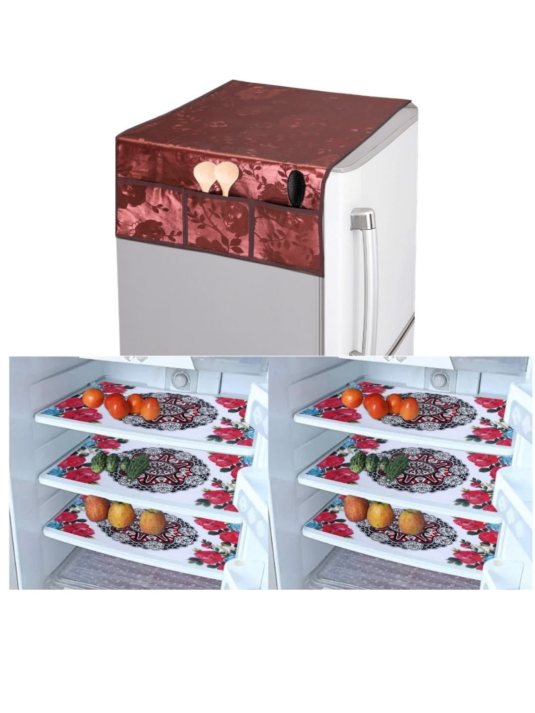 CROSMO Multi Color Printed Pack of 7 Plastic Fridge Top Cover and Fridge Mats