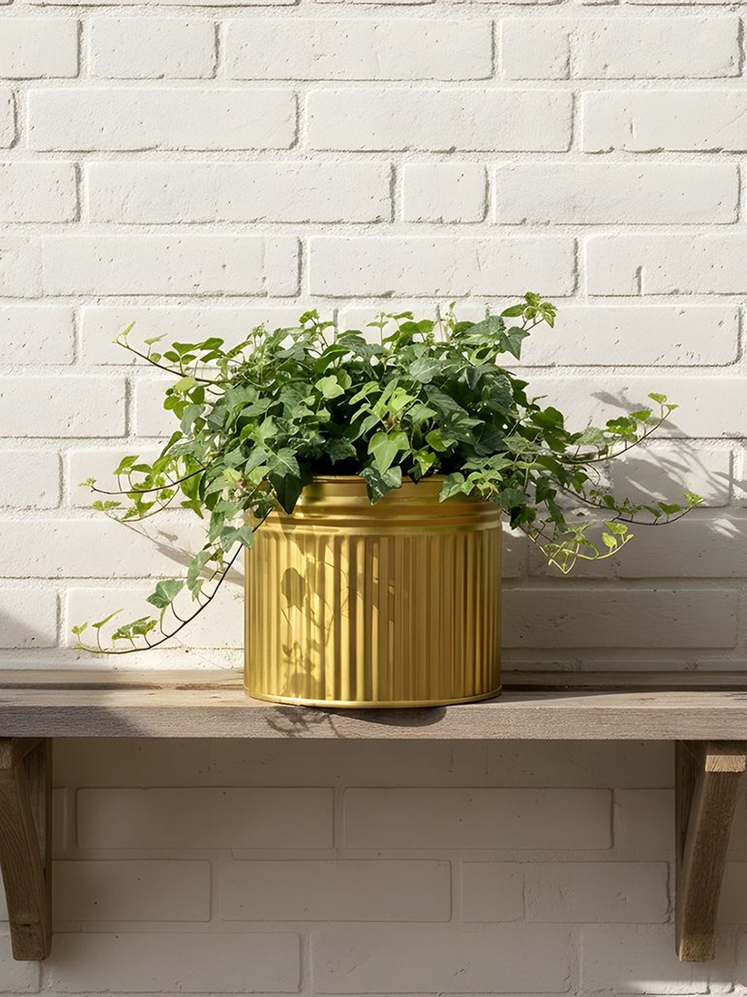 AARVI DECOR STUDIO Gold-Toned Radiant-Striped Freestanding Round Planter