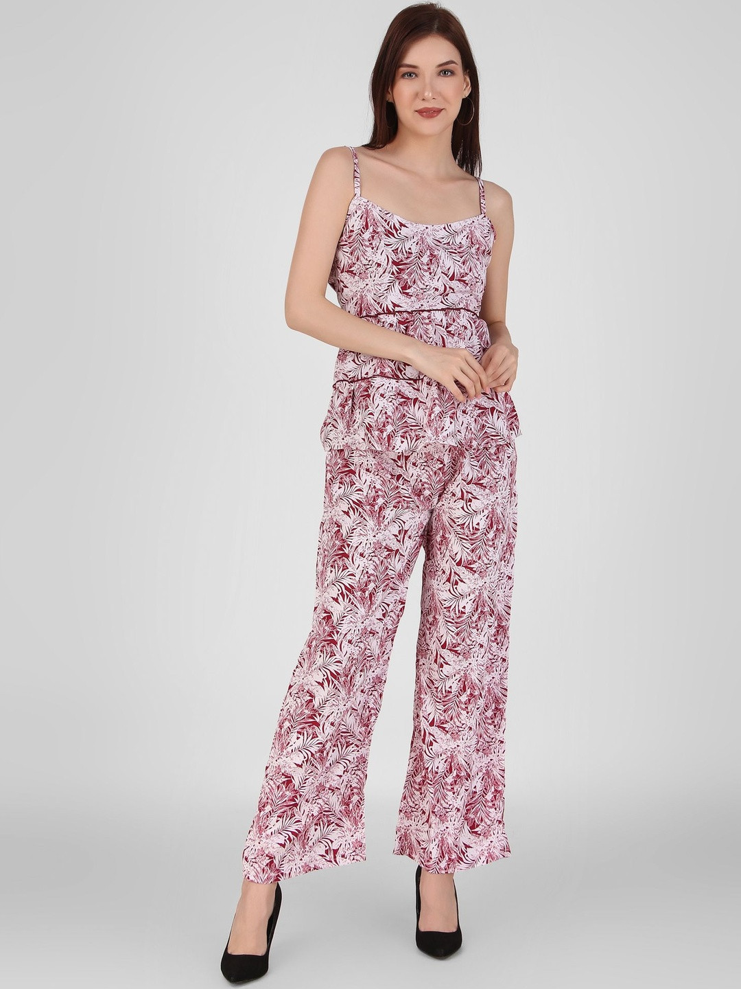 FNOCKS Printed Shoulder Straps Neck Top With Trouser