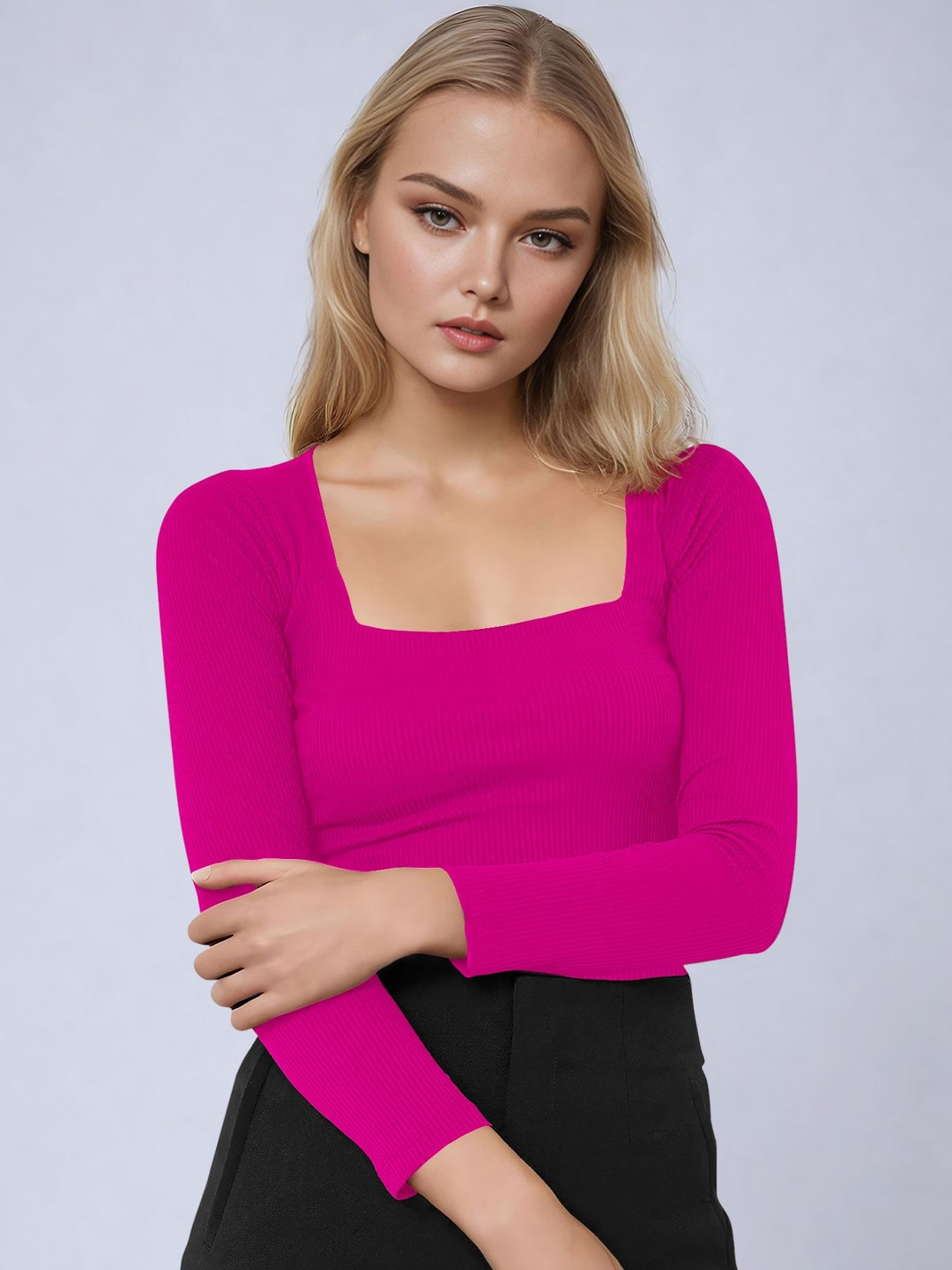 Maheshvi Women Pink Ribbed Square Neck Long Sleeve Top