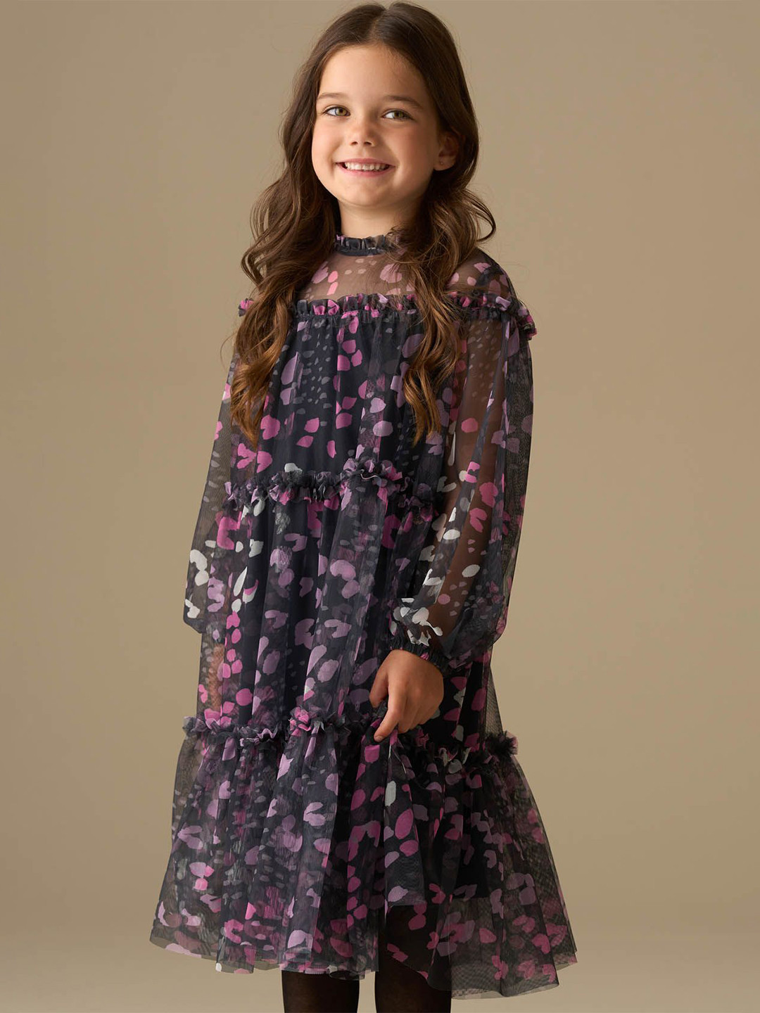 Angel & Rocket Girls Abstract Print Puff Sleeves A-Line Midi Dress