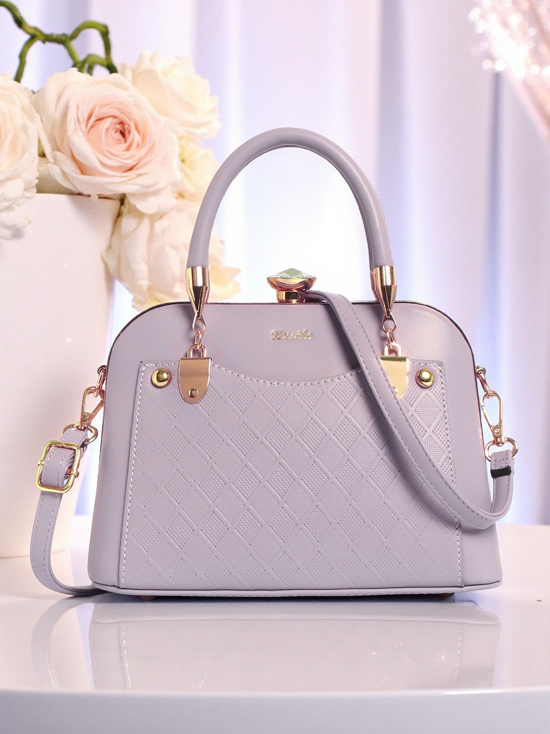 Exotic Purple Textured Structured Detachable Sling Strap Satchel with Quilted