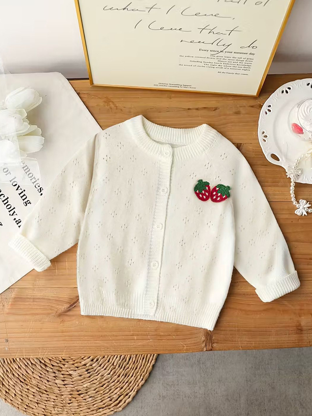 YK Girls Round Neck Strawberry Embroidered Cardigan