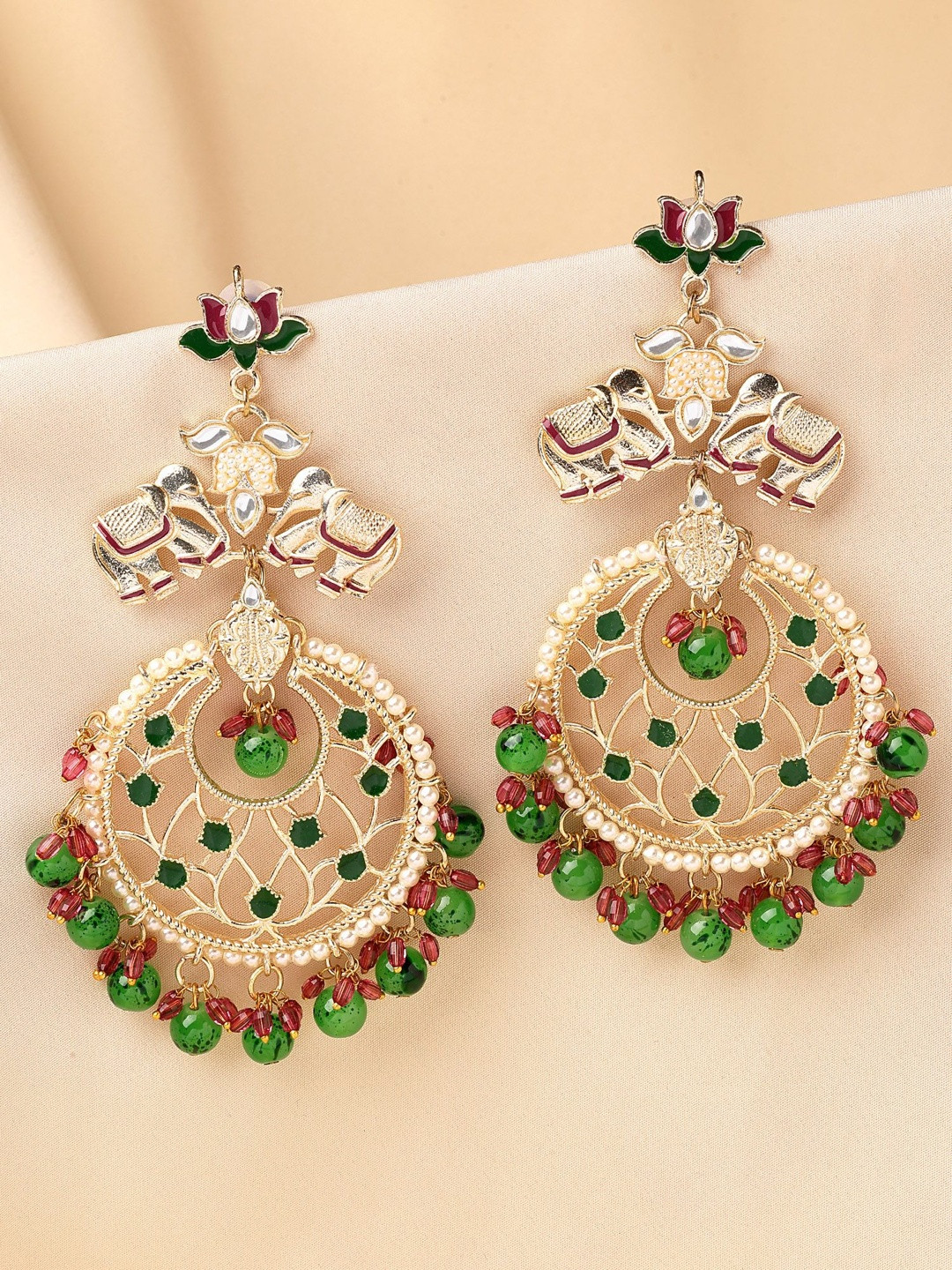 KARATCART Gold-Plated Kundan Elephant Motifs Shaped Chandbalis Earrings