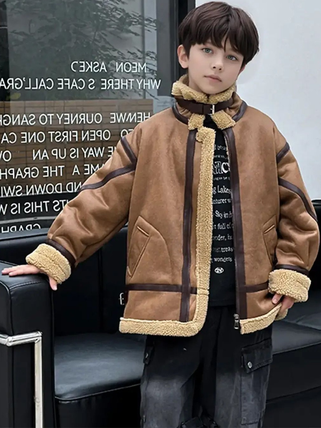 INCLUD Boys Brown Faux Leather Heavy With Fleece Lining Jackets