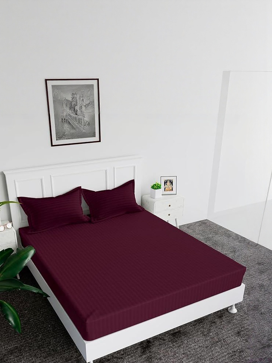 A Next Step Purple 240 TC Striped King Bedsheet with 2 Pillow Covers 274x274 cm