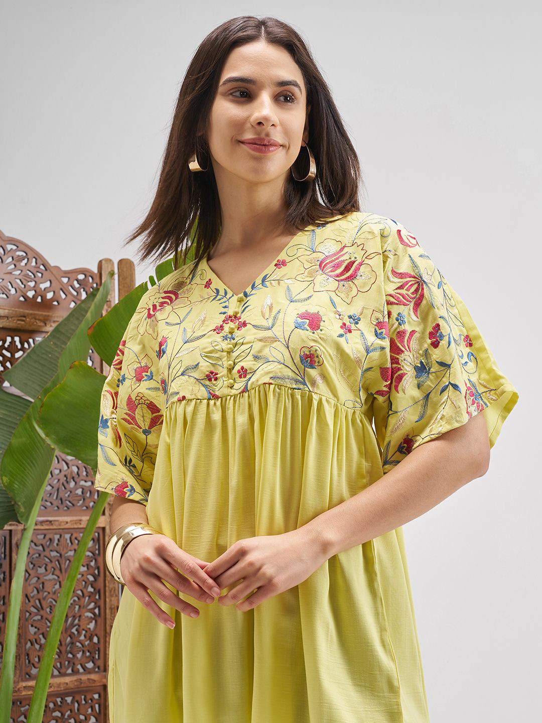 Vishudh Foral Embroidered V-Neck Pleated Empire Style Tunic