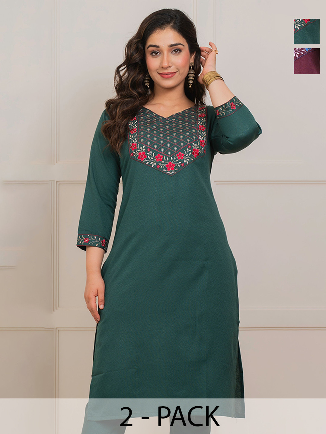 Auzanoor Collection Women Multicolor Set Of 2 Knee Length V-Neck Kurta