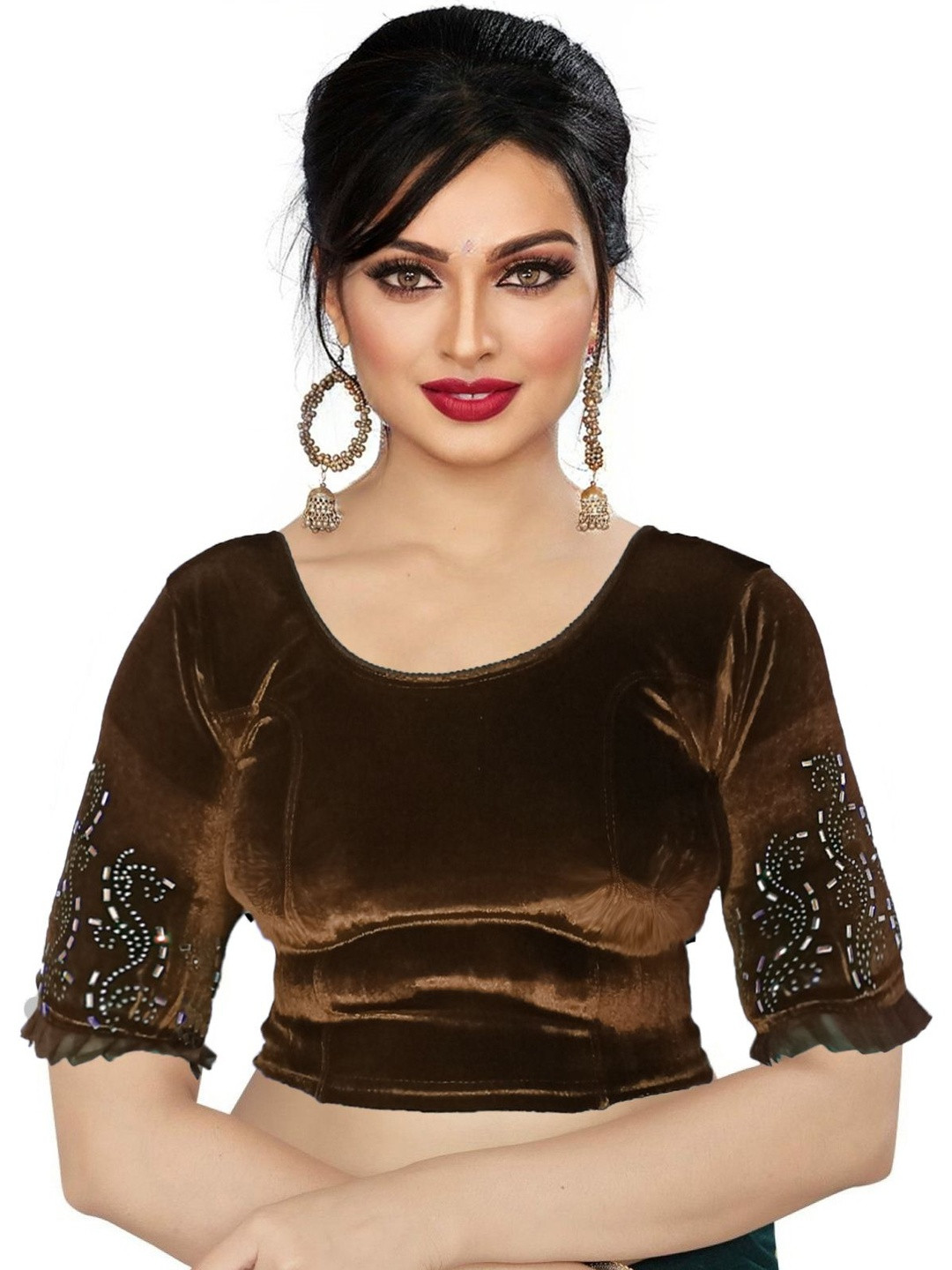 PU FASHION Women Brown Stone Embellished Round Neck Stretchable Velvet Blouse