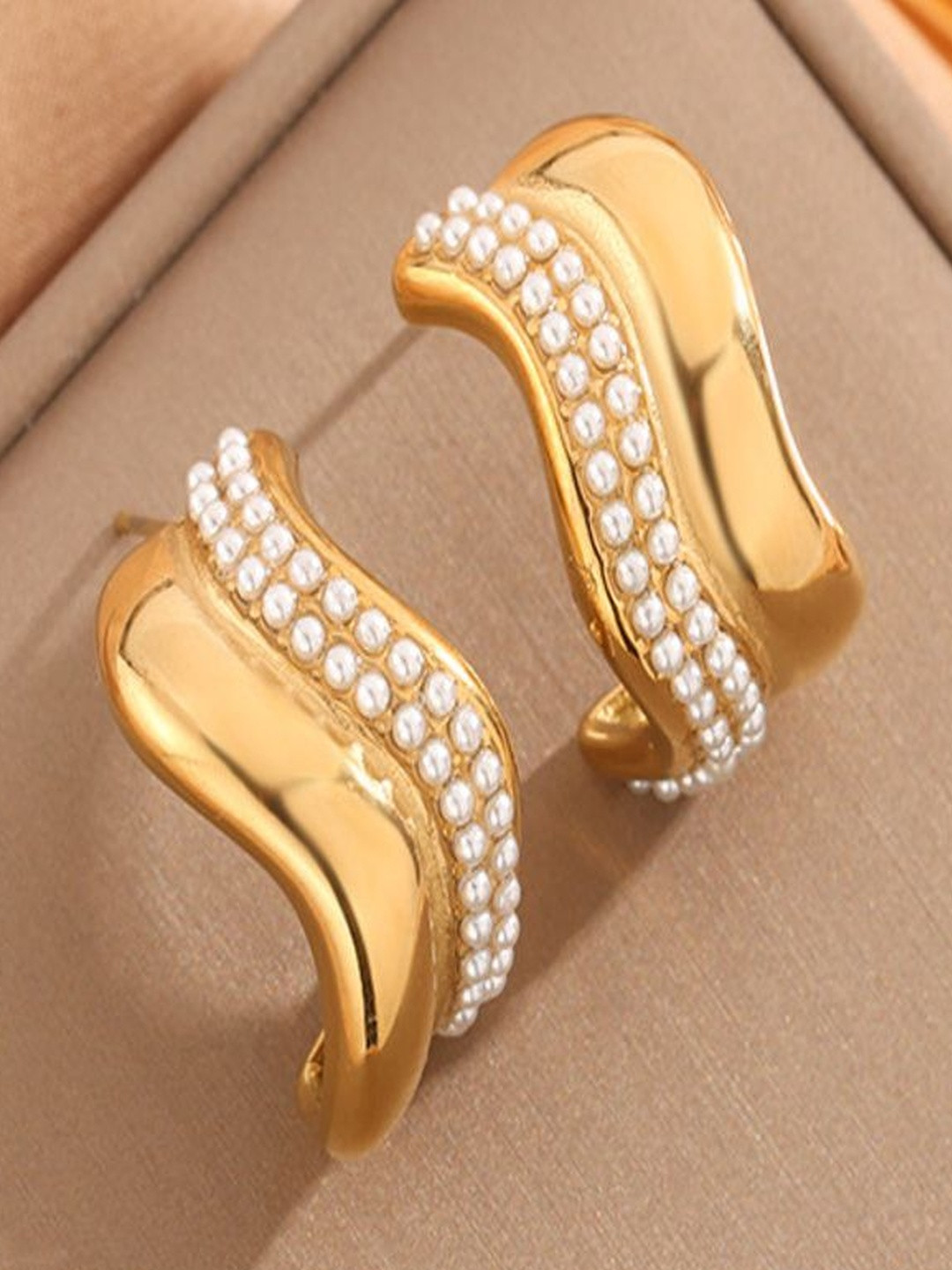 Kalin Couture Stainless Steel Gold-Plated Pearls Beaded Contemporary Half Hoop Earrings