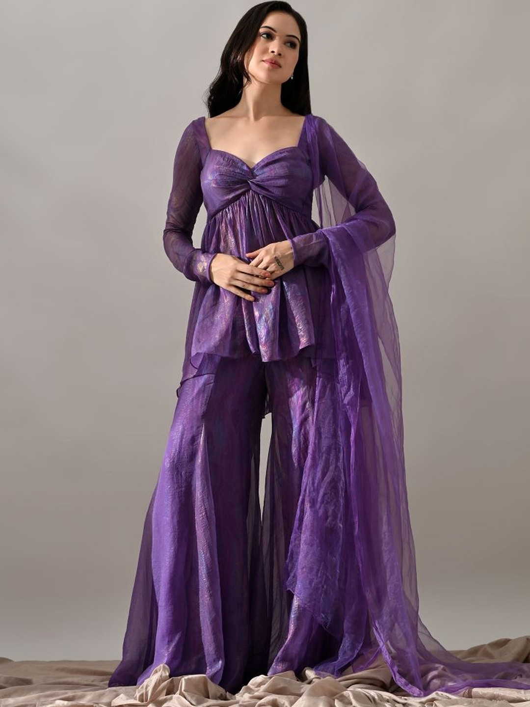 KELIN Sweetheart Neck Empire A-Line Kurta With Sharara & Dupatta