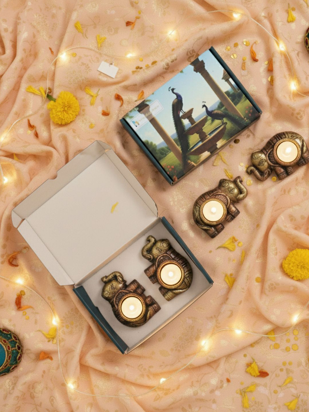 The handicraftian Bronze-Coloured & Gold-Toned 4 Pieces Textured Terracotta Candle Holders