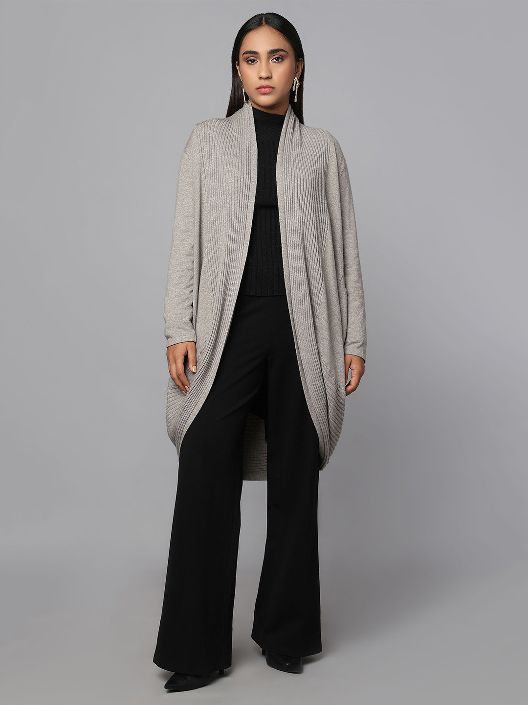 Tamiska By Narendra Kumar Shawl Collar Long Sleeves Draped Longline Front-Open Sweater