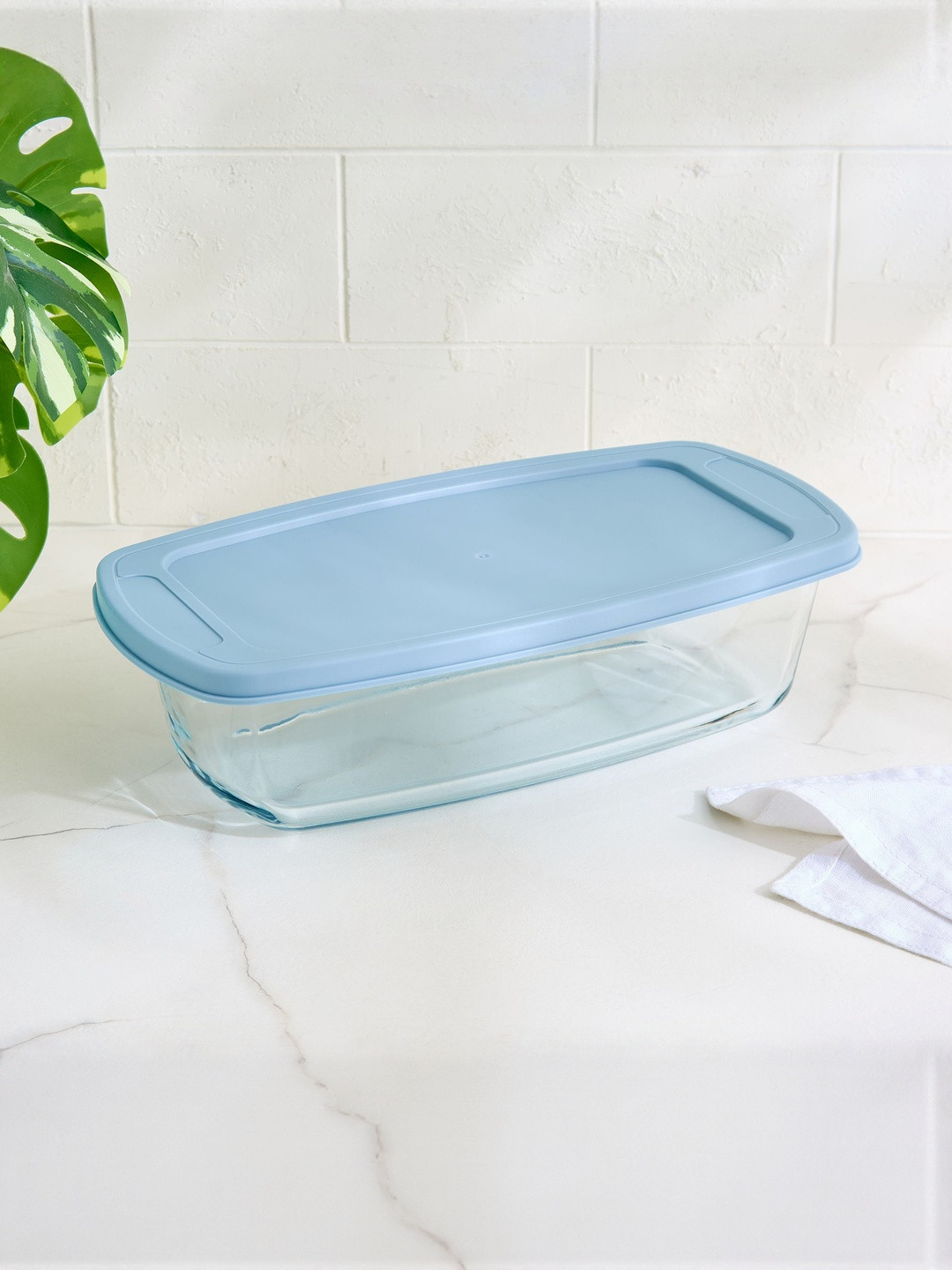 Home Centre Bakers Pride Elara Blue Borosilicate Glass Loaf Pan 1.8L With Lid