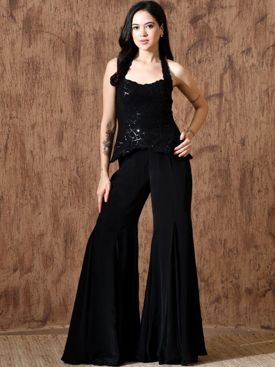 KELIN Ethnic Motifs Embroidered Halter Neck Sequinned Straight Top With Sharara & Dupatta
