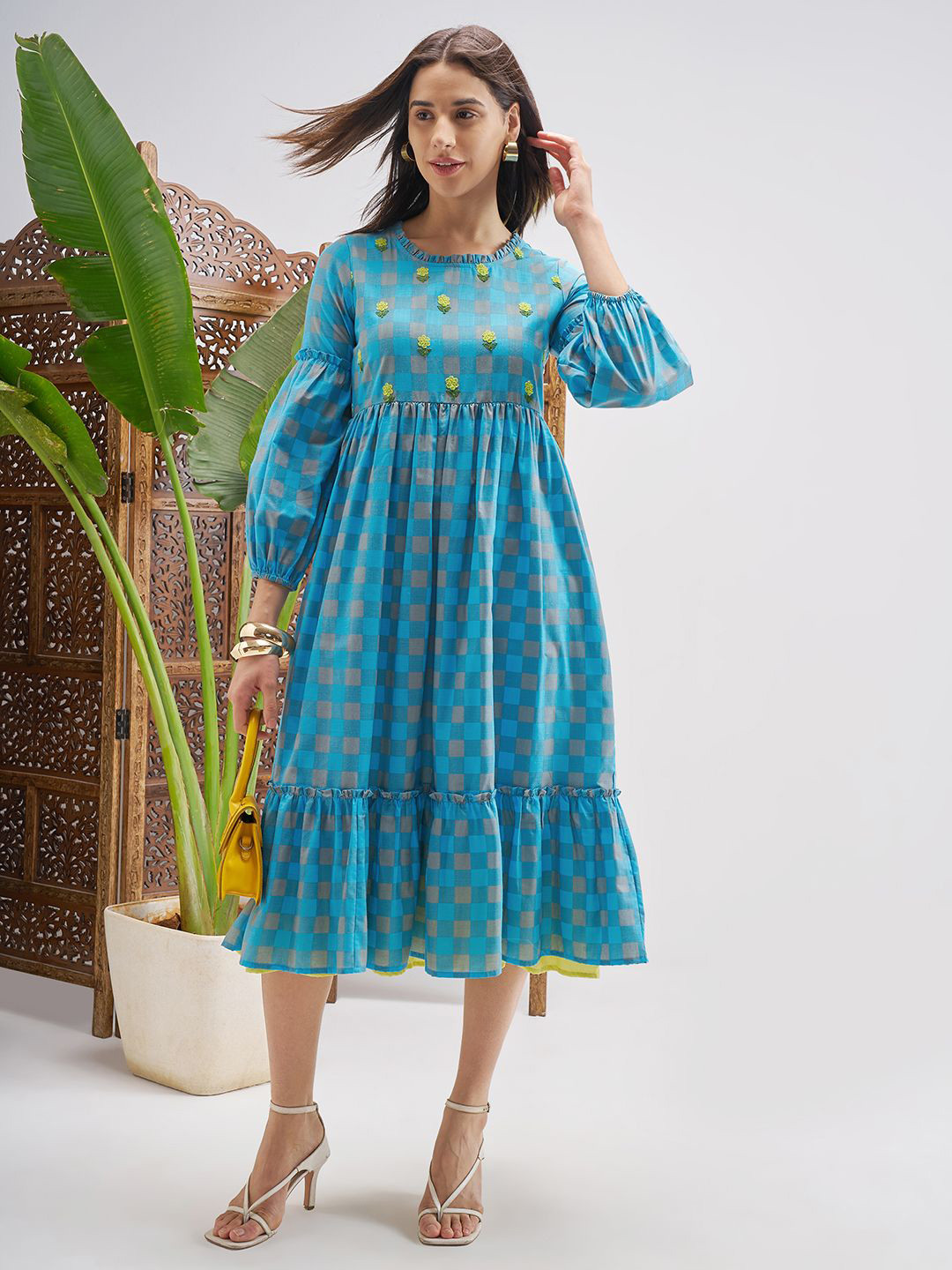 Vishudh Checked Printed Puff Sleeve Ruffled Round Neck Tiered A-Line Midi Dress