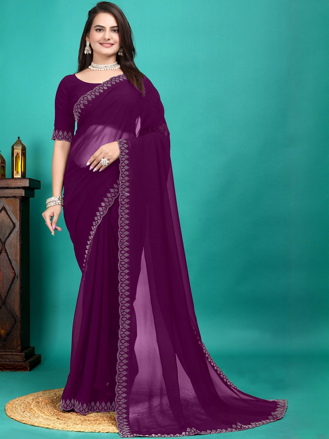 MEAVEN FEB Ethnic Pure Georgette Saree with Intricate Diamond Detailing Heavy Work Saree