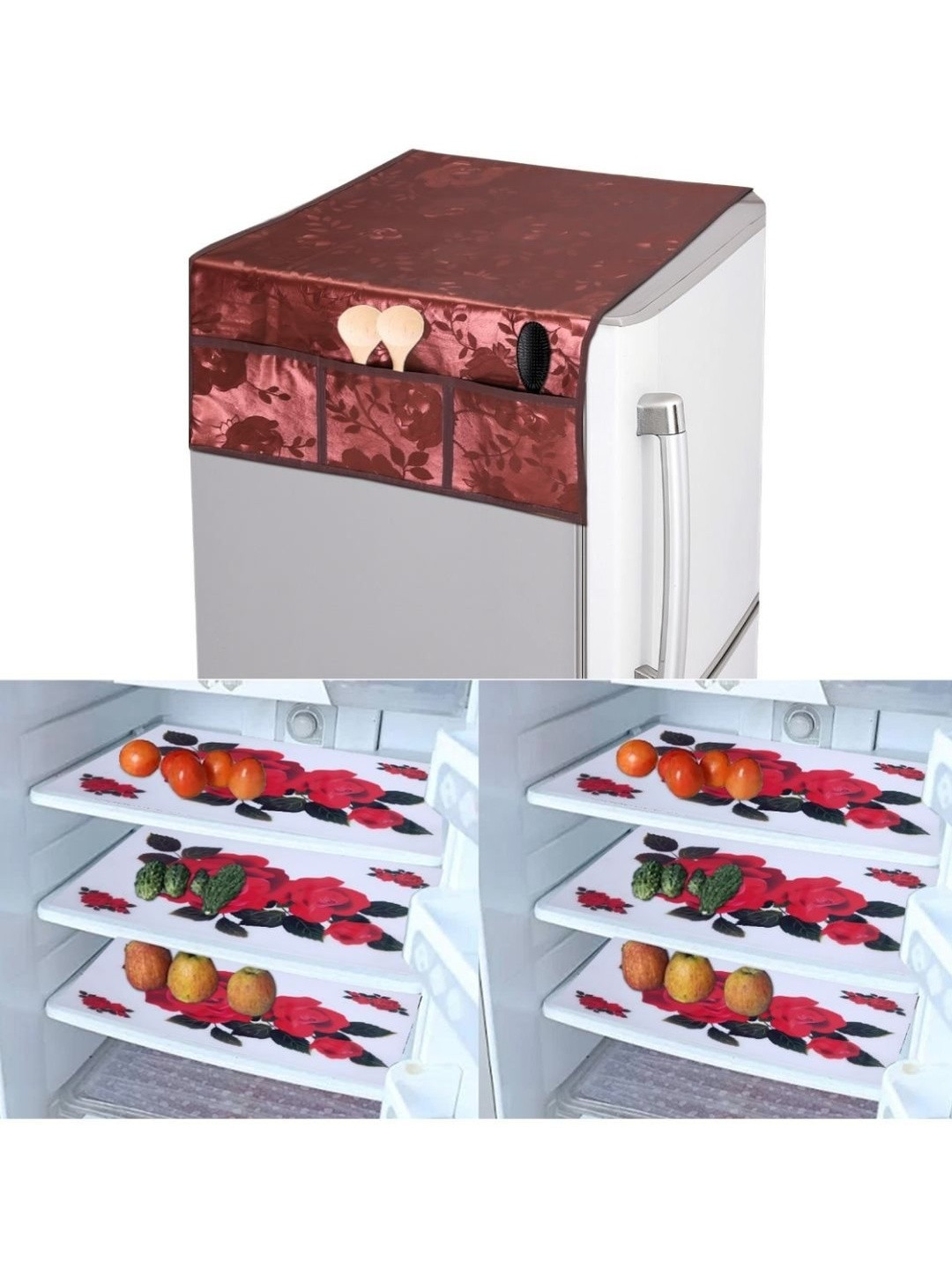 CROSMO Set Of 7 Maroon Floral Printed Rexin  Fridge Cover And Mat