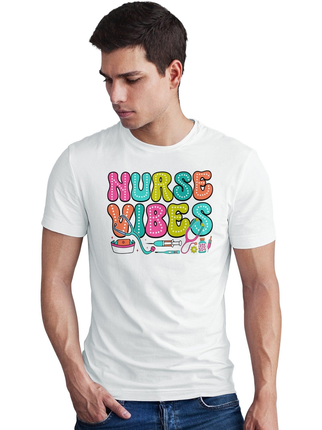 Seekbuylove Men Nurse Vibes Printed Round Neck Short Sleeves Bio Finish Cotton T-shirt