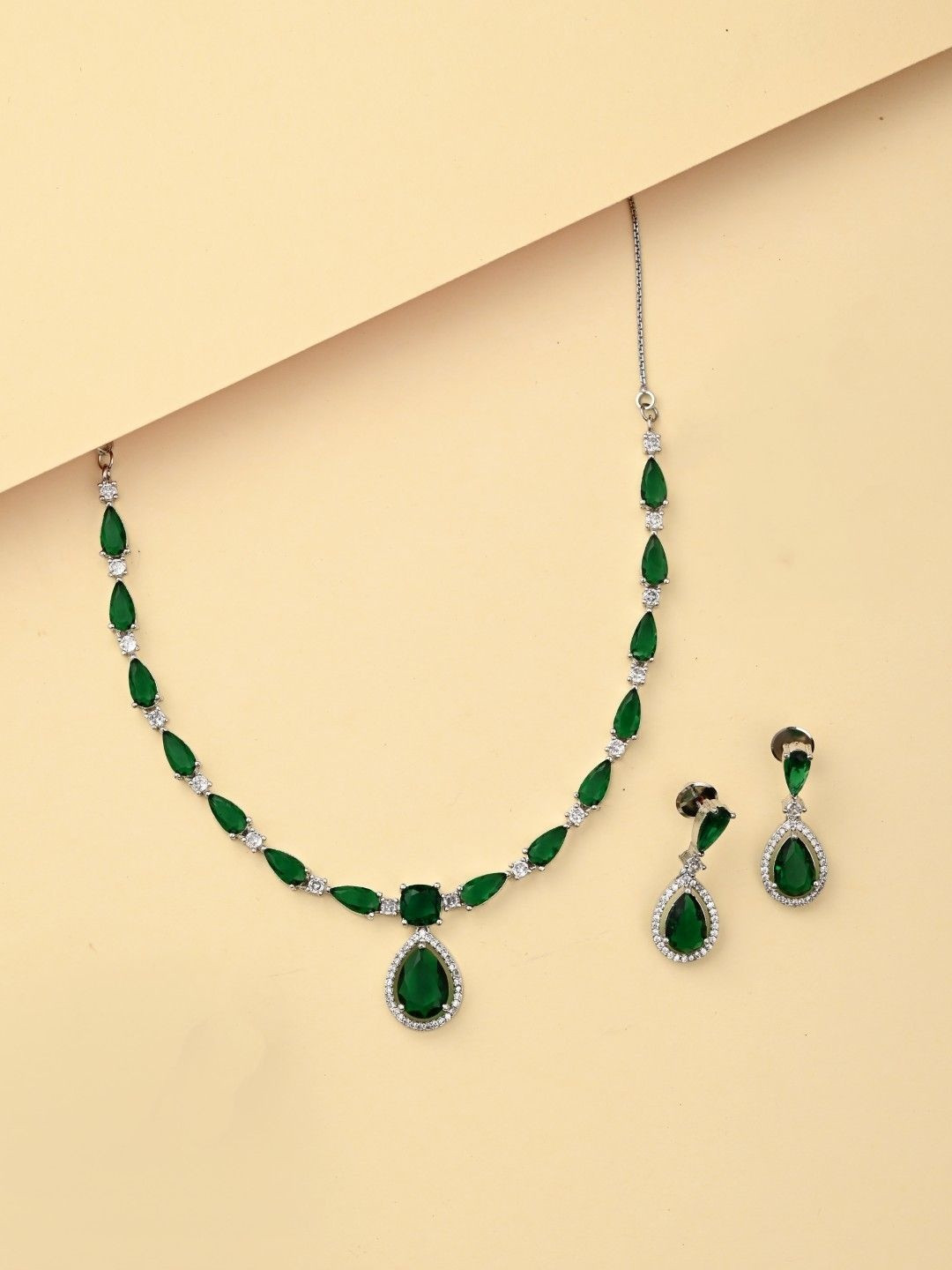 Anvik Rhodium-Plated American Diamond Stone-Studded Necklace With Earrings