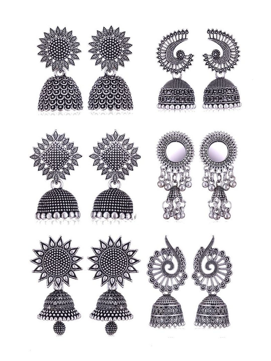 Sangria Set Of 6 Women Silver Plated Oxidised Post and Back Ethnic Jhumkas