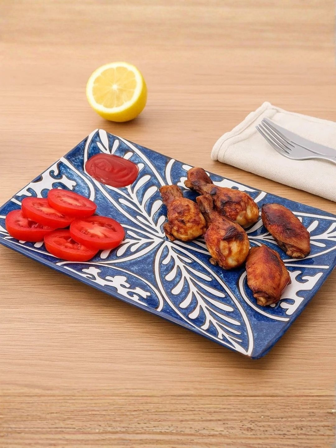SMOKEY COCKTAIL Blue & White 2 Pieces Printed Ceramic Food Platters