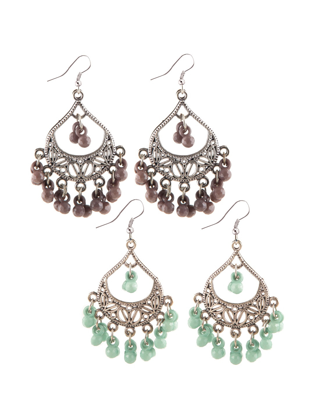 Creative Frogs Women Pack Of 2 Pair Beaded Oxidised Traditional Silver Dangler Earrings