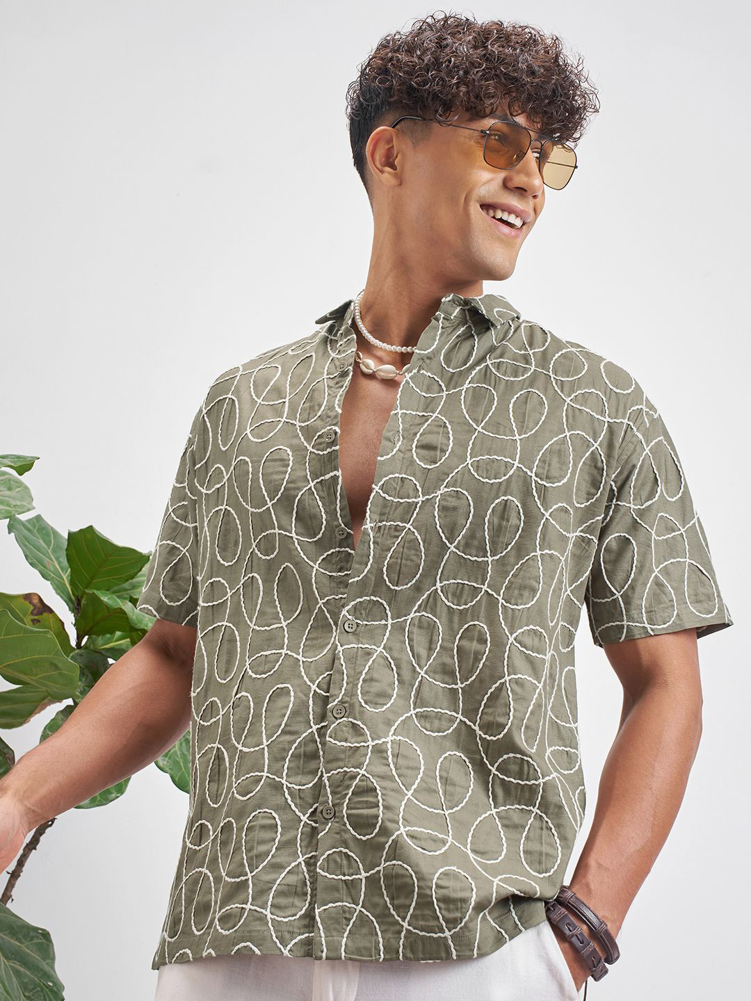 Highlander Men Olive Green Embroidered Relaxed Shirt