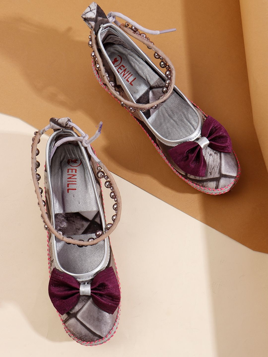 Denill Printed Slip On Beaded Ankle Strap & Bow Ballerinas