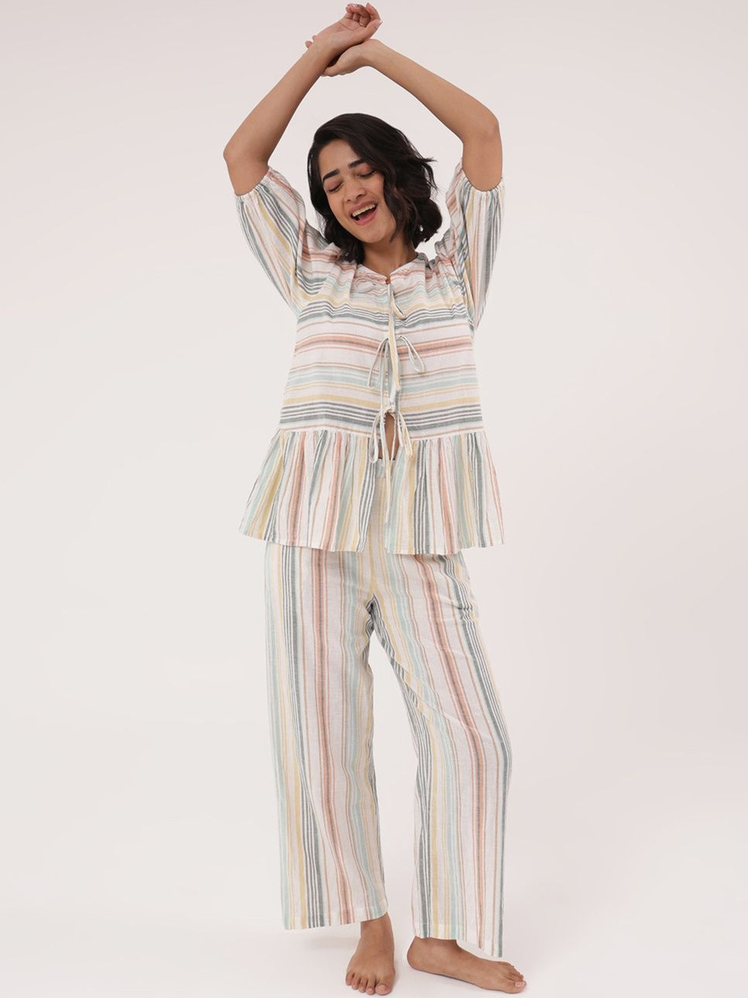 Slumber Jill Weekend Bliss Women Striped Tie-Up Detail Top And Pyjama Night Suit