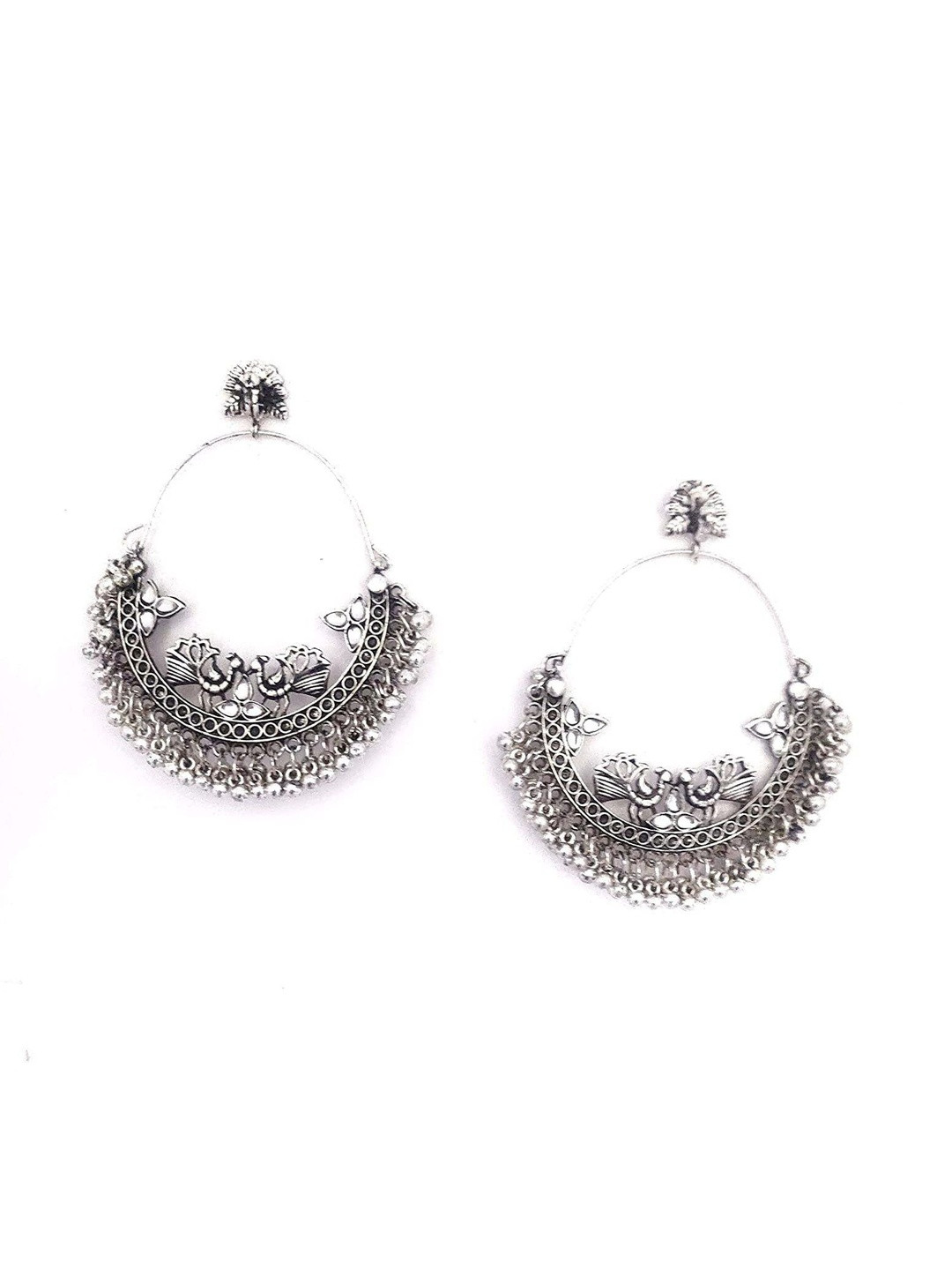Just Devotional Silver-Plated Artificial Beaded Crescent Shaped Hoop Earrings