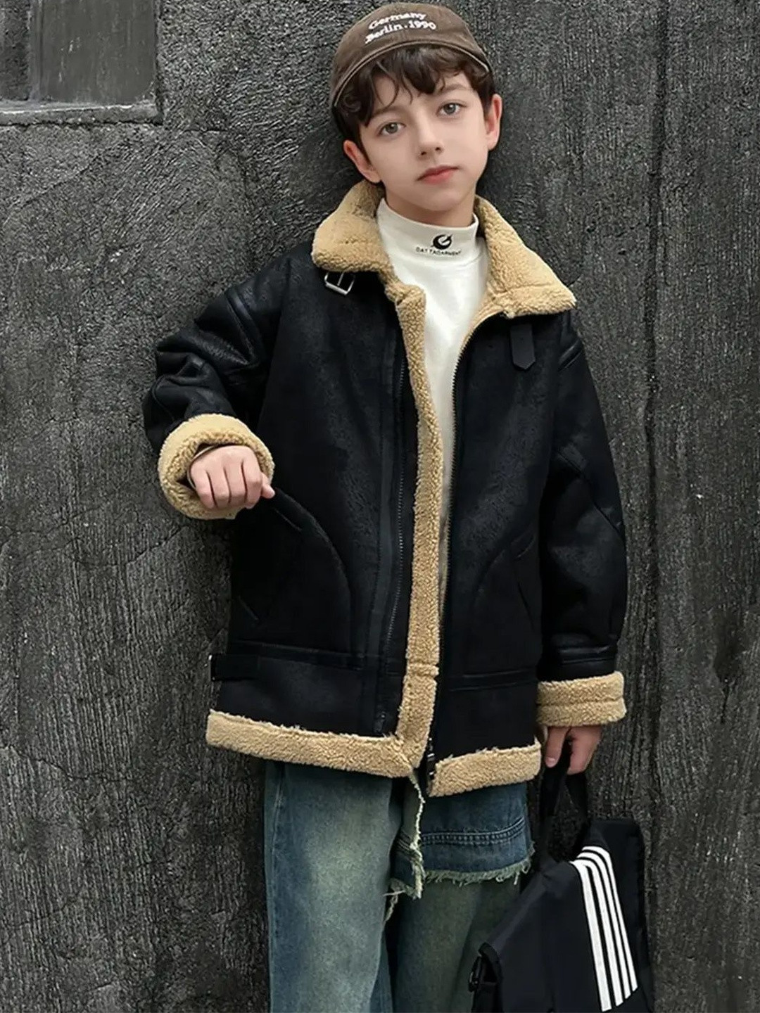 INCLUD Boys Faux Leather Heavy Jacket With Fleece Lining