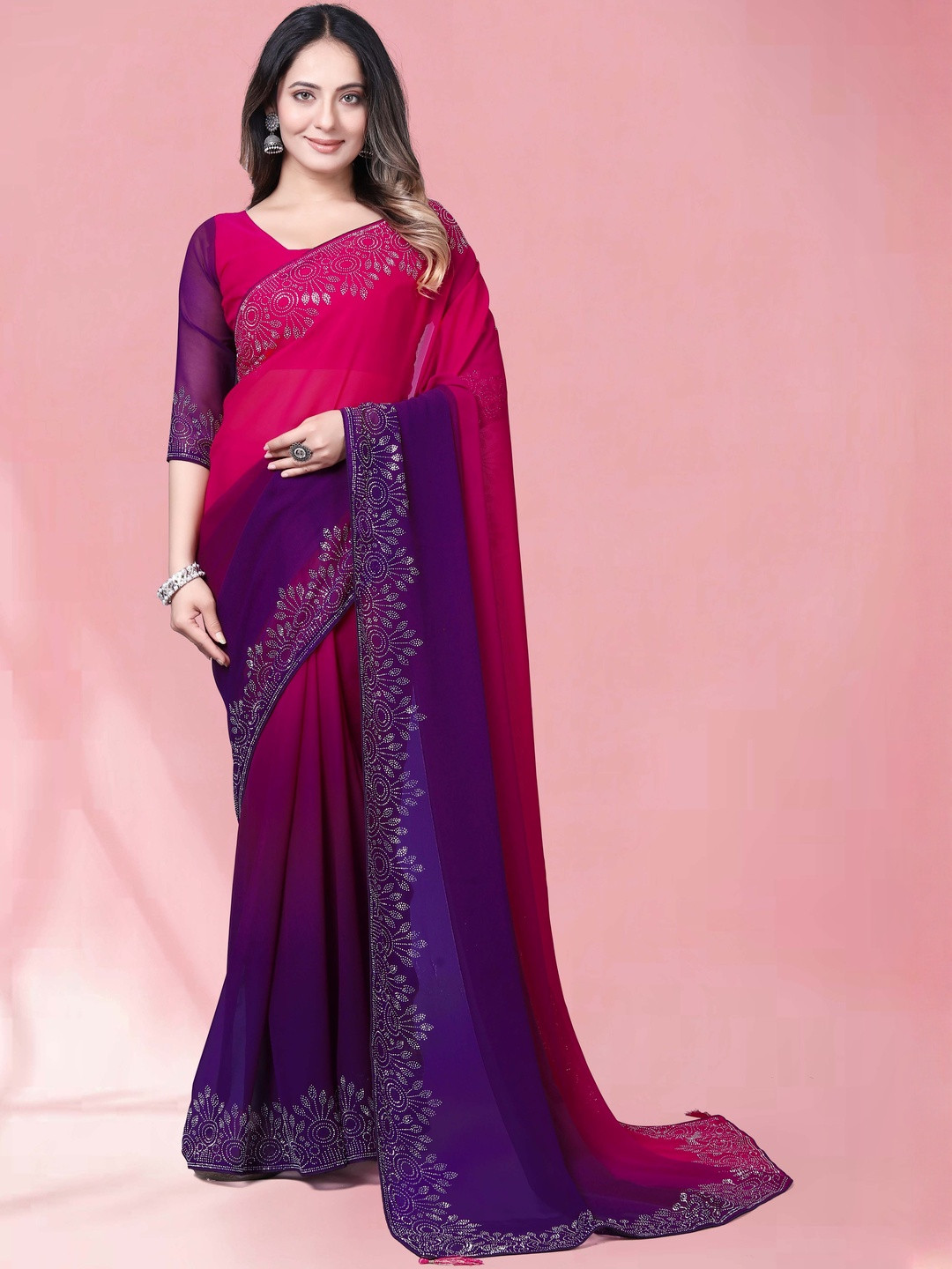 MEAVEN FEB Colourblocked Embellished Border Pure Georgette Saree with Blouse Piece